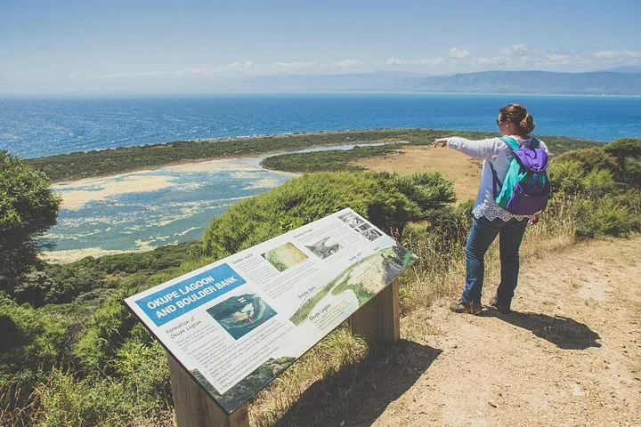 A woman looks at an information board overlooking Okupe Lagoon and Boulder Bank.